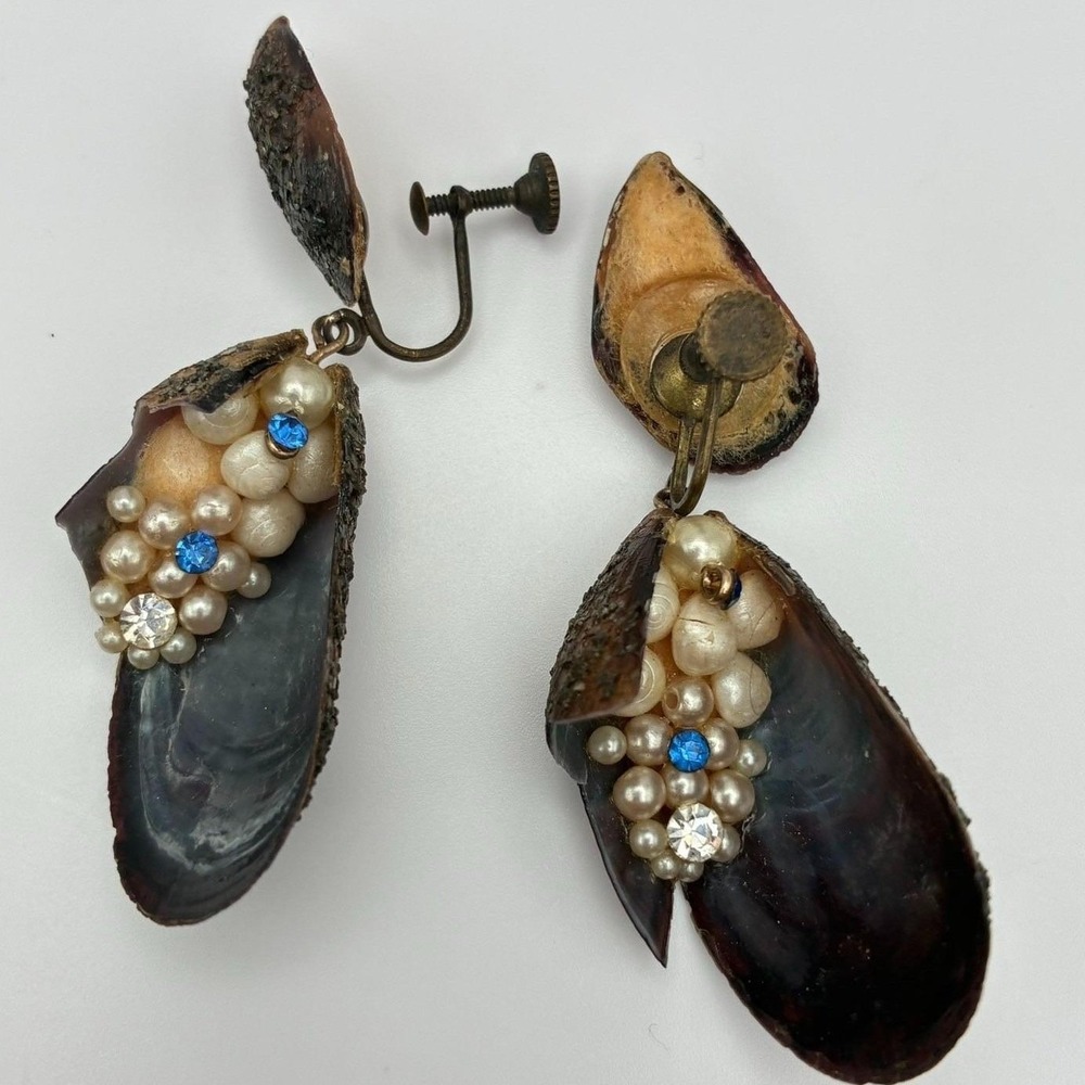 Vintage 50s Shell Pearl Blue Glass Dangle Earrings Mid-Century Fashion Jewelry